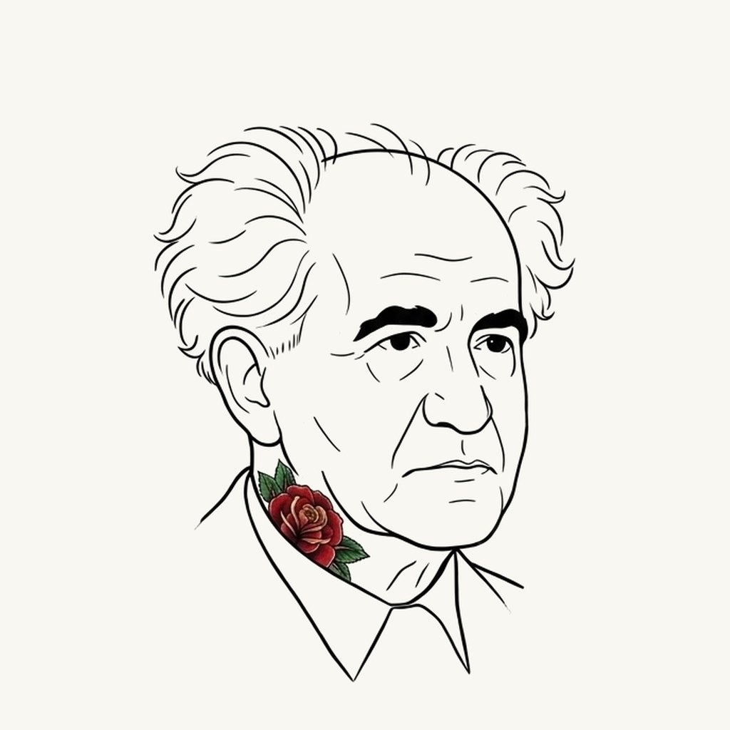 Illustrated portrait — Mozart and Ben-Gurion, composition meeting decision.