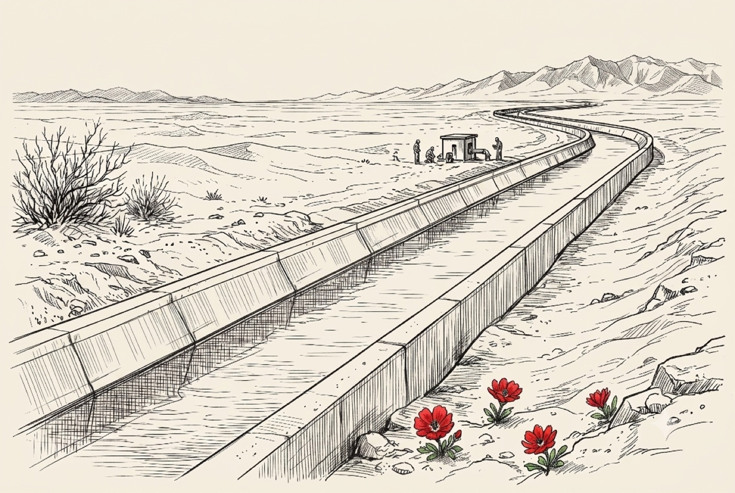 Line-art infrastructure and water channel representing architecture and data flow.