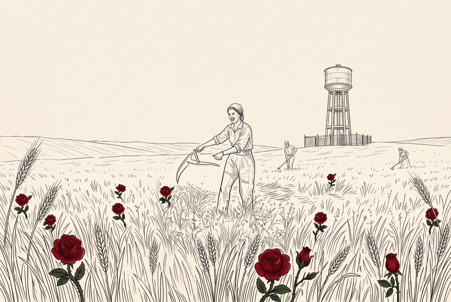 Line-art field and water tower scene representing decision making and execution.