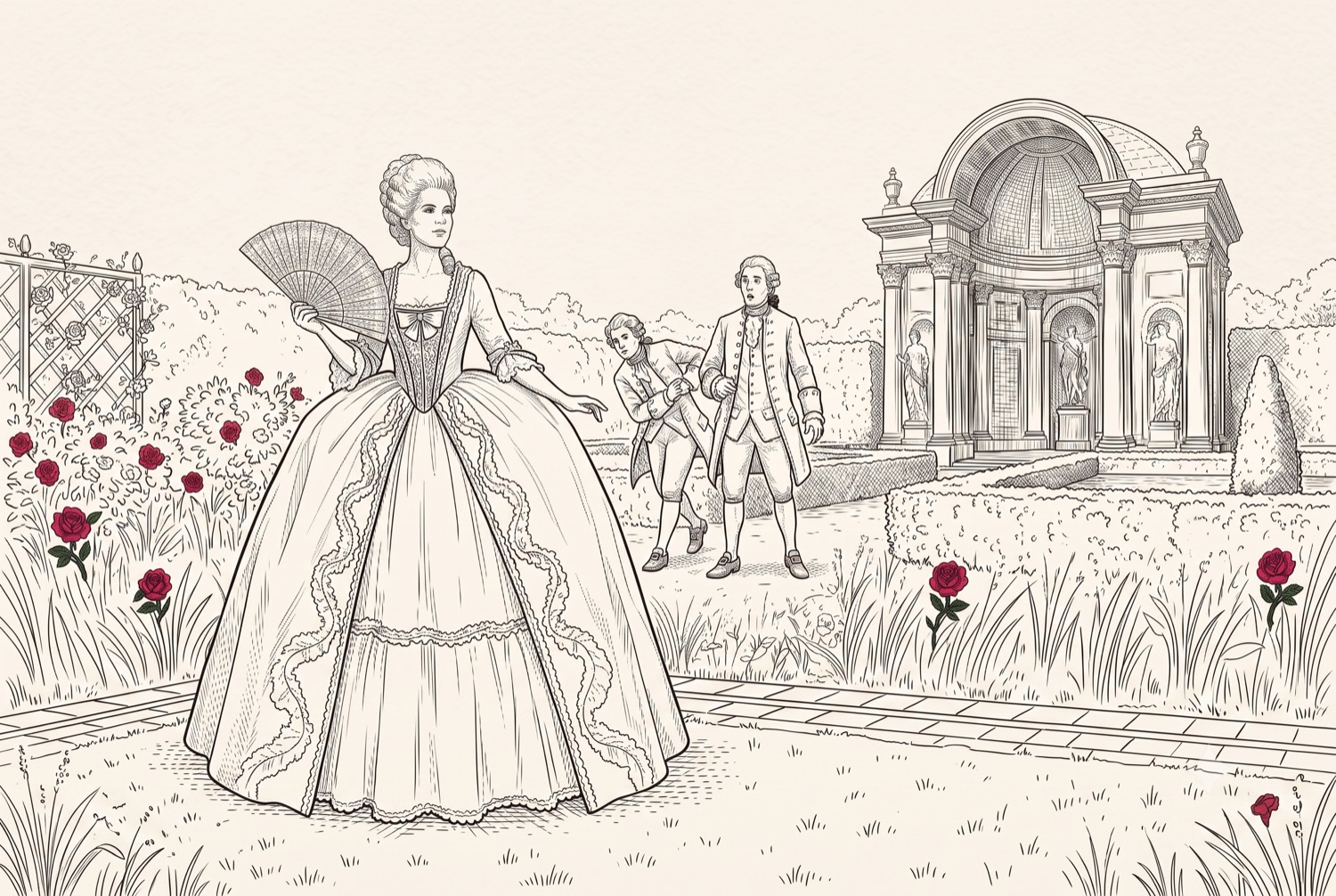 Line-art garden and doorway scene representing discovery and direction.