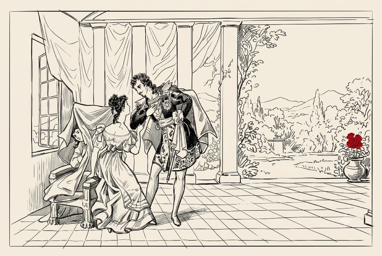 Line-art interior conversation scene representing measurement and operating signals.