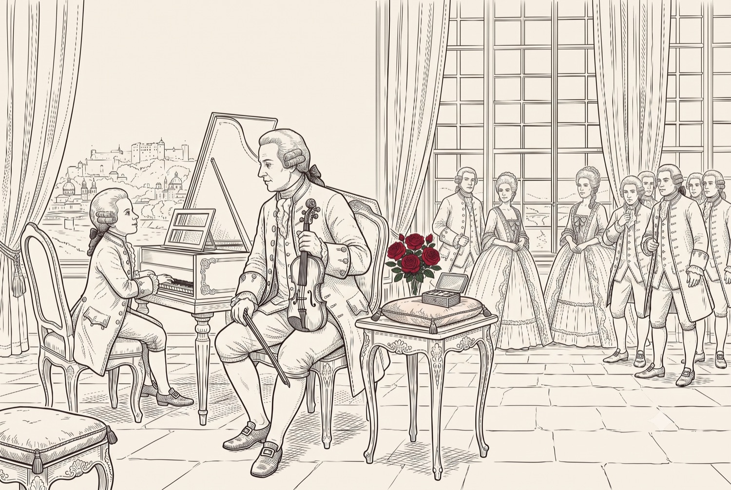 Line-art workshop and group scene representing mentoring and team work.